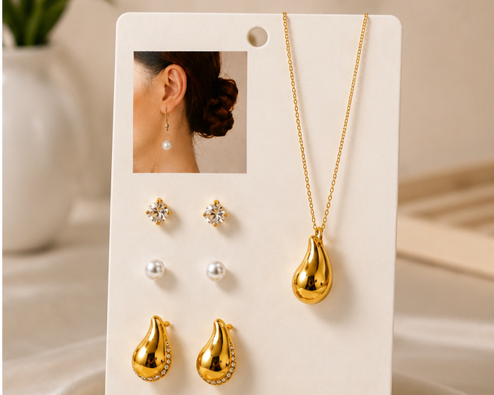 Kadın Gold Damla Kolye ve Küpe 4'lü Kombin Takı Seti