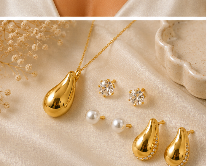 Kadın Gold Damla Kolye ve Küpe 4'lü Kombin Takı Seti