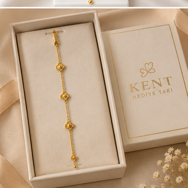 Gold Renk Yonca Motifli 316L Çelik Bileklik 🍀✨