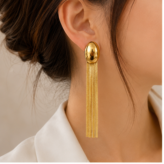 Kadın Gold Renk Oval Detaylı Uzun Püsküllü Çelik Küpe
