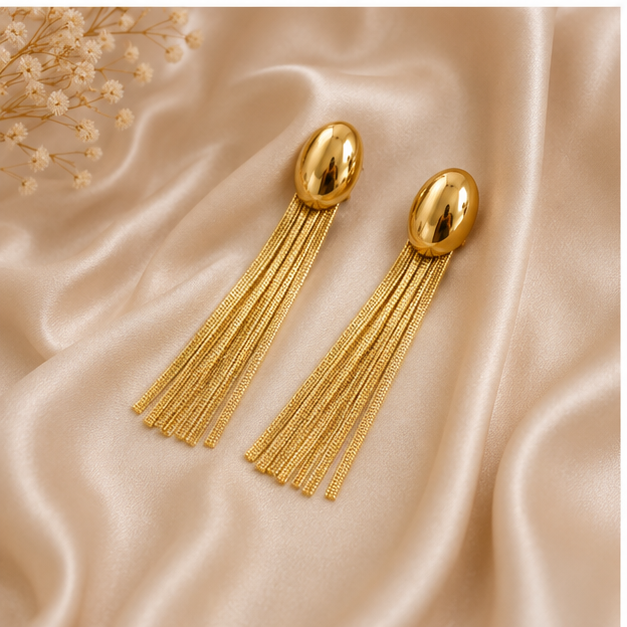 Kadın Gold Renk Oval Detaylı Uzun Püsküllü Çelik Küpe