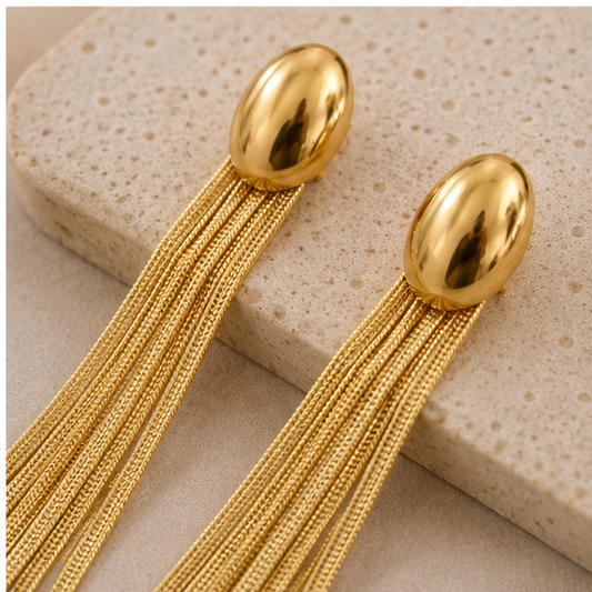 Kadın Gold Renk Oval Detaylı Uzun Püsküllü Çelik Küpe